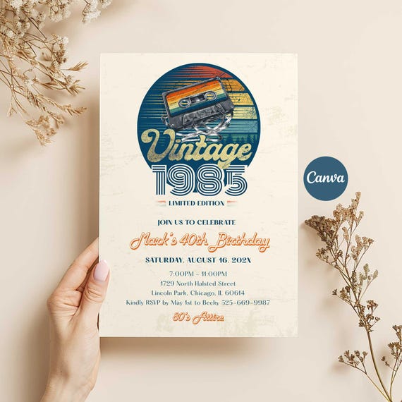 40th Birthday Invitation, Vintage 1985 Invites, Cassette Tape