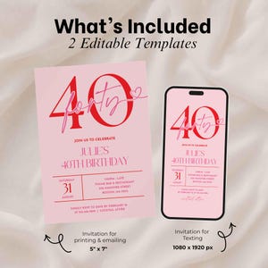 Pink 40th Birthday Invitation Women, Scalloped 40th Party Invite (Editable Canva Template, Digital Download image 3