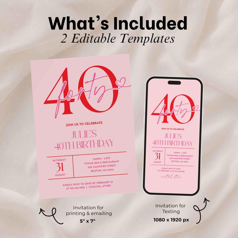 Pink 40th Birthday Invitation Women, Scalloped 40th Party Invite (Editable Canva Template, Digital Download image 3