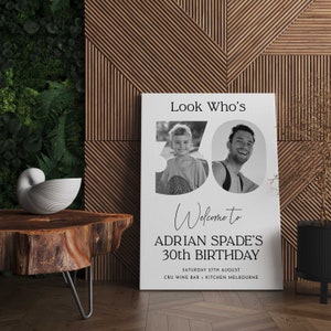 Pu&ograve; includere: Un cartello bianco con testo nero che annuncia una festa di compleanno per i 30 anni di Adrian Spade. Il cartello presenta una foto di un uomo e un bambino piccolo nel numero 30. La festa si tiene al CRU Wine Bar + Kitchen a Melbourne sabato 27 agosto.