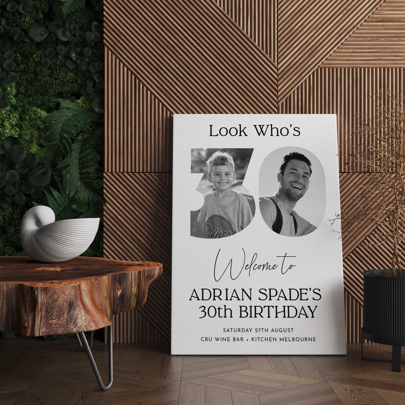Pu&ograve; includere: Un cartello bianco con testo nero che annuncia una festa di compleanno per i 30 anni di Adrian Spade. Il cartello presenta una foto di un uomo e un bambino piccolo nel numero 30. La festa si tiene al CRU Wine Bar + Kitchen a Melbourne sabato 27 agosto.