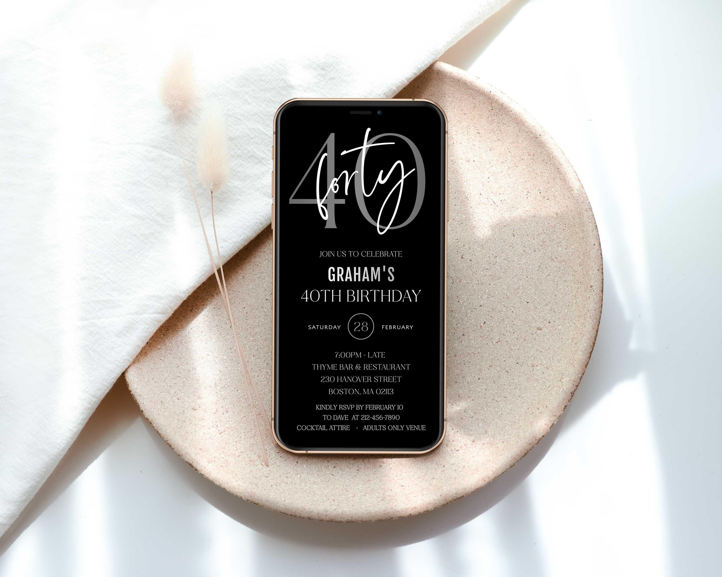 Electronic 40th Birthday Invitation Template for Men, Black and Silver ...
