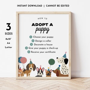 May include: A printable poster with the text "How to Adopt a Puppy" and a list of five steps: Choose your puppy, Design a collar, Decorate a house, Give your puppy a check-up, Receive your certificate. The poster features a colorful illustration of five puppies wearing party hats.