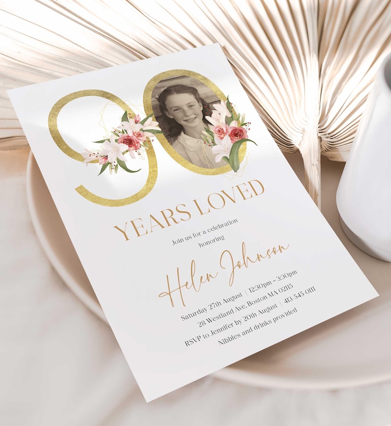 May include: Gold 90 with floral accents and a photo of a young girl. Invitation for a celebration honoring Helen Johnson. Saturday 27th August 12:30pm-3:30pm. 28 Westland Ave, Boston MA 02115. RSVP to Jennifer by 20th August 413 545 0111. Nibbles and drinks provided.