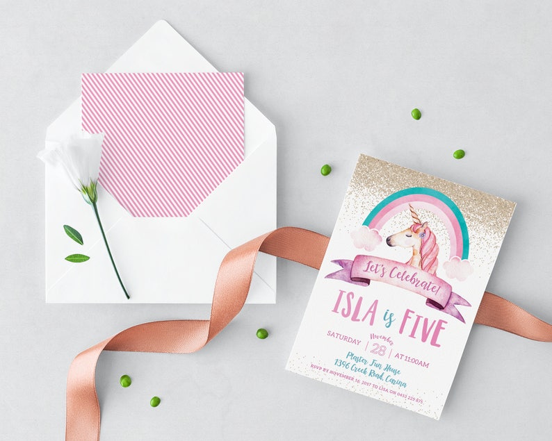 Unicorn Birthday Invitation, Unicorn Birthday Invitations, Unicorn Invitations, Unicorn Party, Unicorn Pink and Gold Glitter image 3