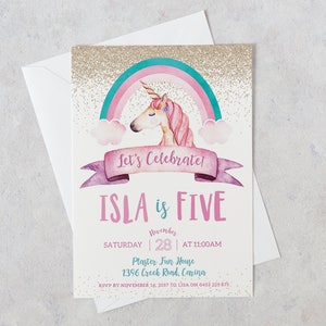 Unicorn Verjaardagsuitnodiging, Unicorn Verjaardagsuitnodigingen, Unicorn Uitnodigingen, Unicorn Party, Unicorn Roze en Gouden Glitter