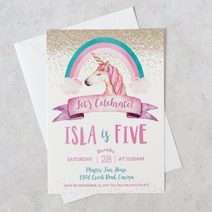 Unicorn Birthday Invitation, Unicorn Birthday Invitations, Unicorn Invitations, Unicorn Party, Unicorn Pink and Gold Glitter image 1