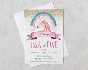 Unicorn Birthday Invitation, Unicorn Birthday Invitations, Unicorn Invitations, Unicorn Party, Unicorn Pink and Gold Glitter