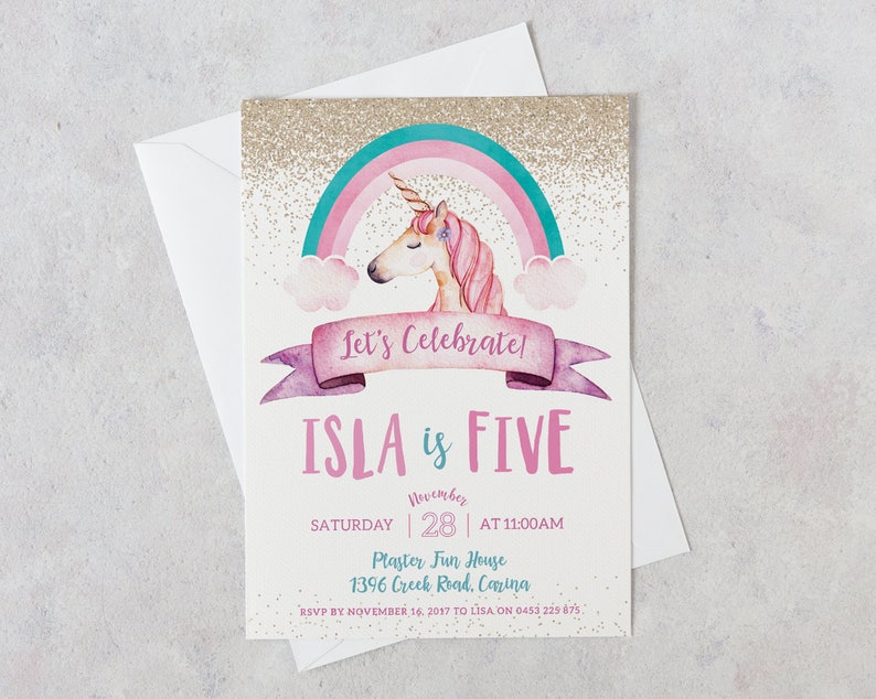 Unicorn Birthday Invitation, Unicorn Birthday Invitations, Unicorn Invitations, Unicorn Party, Unicorn Pink and Gold Glitter image 1