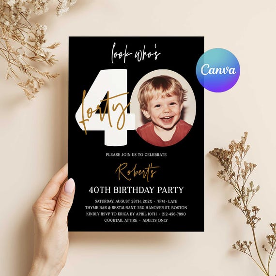 40th Birthday Invites Male, 40th Invitation with photo, Black Gold 40th Birthday Invitation Template, Editable Birthday Party Invite for Him