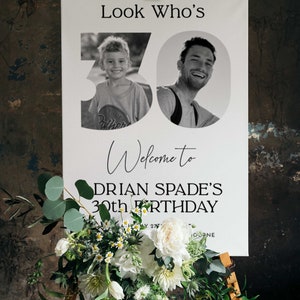 Pu&ograve; includere: Un cartello per feste di compleanno in bianco e nero con il testo "Look Who's 30" e "Welcome to Drian Spade's 30th Birthday". Il cartello presenta due foto di una persona, una da bambino e una da adulto.