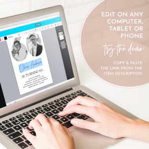 May include: A laptop computer displaying a 60th birthday party invitation with a blue and white color scheme. The invitation features a photo of two people and the text "Chris Anderson is turning 60..." The text on the screen also says "Edit on any computer, tablet or phone. Try the demo. Copy & paste the link from the item description."