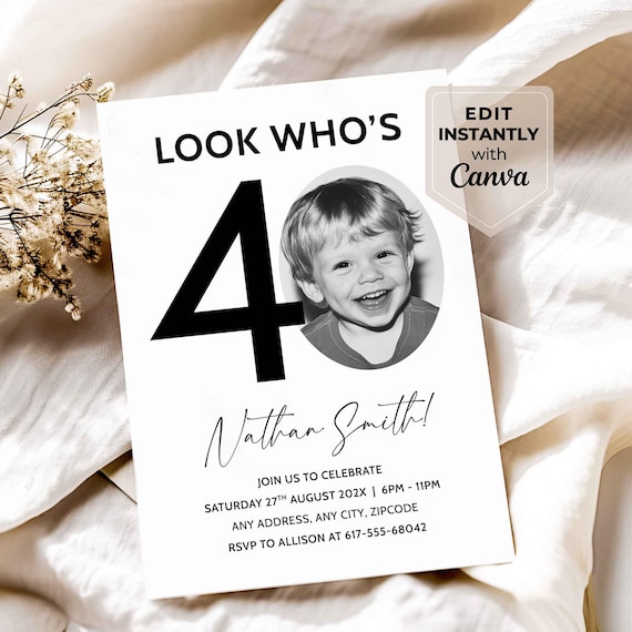 40th Invitation with photo, Look Who's 40, 40th Birthday Canva Template, Male 40th Invite, Digital Download
