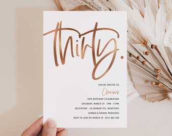 Rose Gold Handwritten 30th Birthday Invitation (Printable)