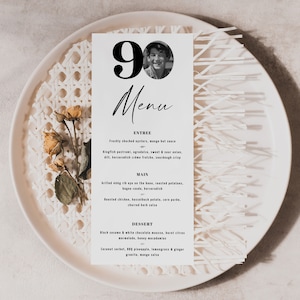 90. Geburtstag Menükarte, 90. Geburtstag Abendmenü Vorlage, 90. Geburtstag Menükarte, personalisiertes Menü mit Foto, Dinner-Party-Menü für 90