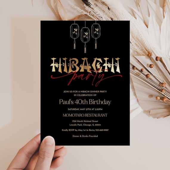 Invitacion a la fiesta de la cena Hibachi cumpleanos Hibachi negro y dorado invitacion de cumpleanos de la cena japonesa Hibachi minimalista moderno Etsy Mexico