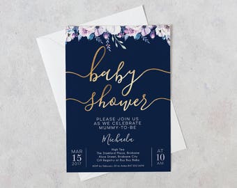 Baby Shower Invitation Floral Navy & Gold, Baby Shower Invitations Girl, Baby Shower Invitations, Printable Invitation