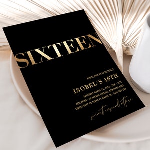 ZARA 16th Birthday Invite Black and Gold Editable Template, Simple 16th Invitation, Sweet 16, Elegant 16th Invitations, SIXTEEN