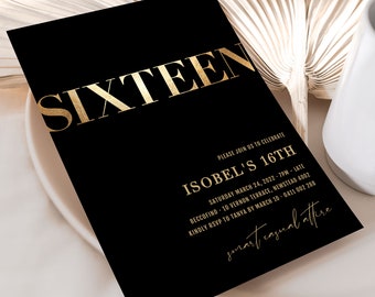 Black and Gold 16th Birthday Invitation Template, Editable Sweet 16 Invite: Instant Download
