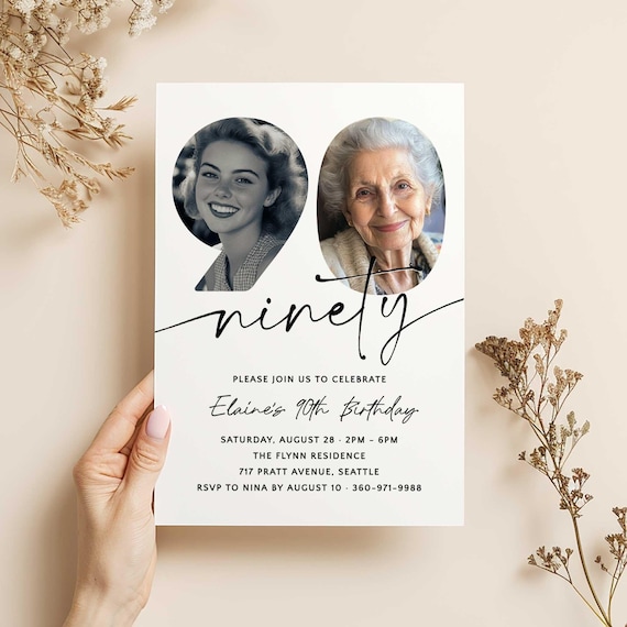 90th Birthday Invite, Look Who's 90, 90th Birthday Invitation with Photo, Simple 90th Invitation, Ninety Birthday, Invite for Man Woman