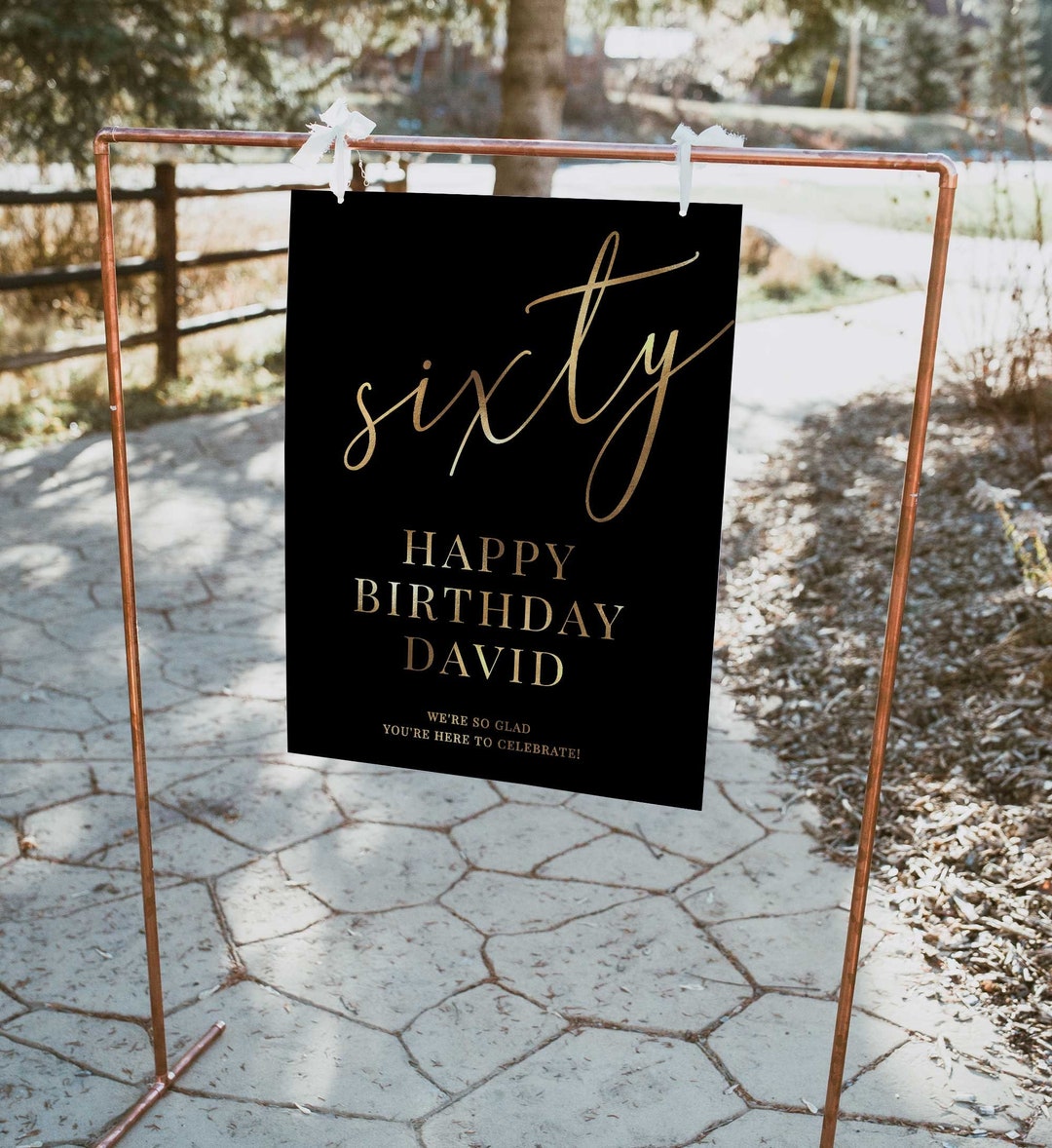 60th Birthday Welcome Sign, Black and Gold, Elegant Script (digital ...