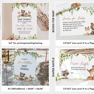 Op de afbeelding: Een set printbare babyborreldecoraties met een bosmotief. De set bevat een uitnodiging, een welkomstbord, een luierspelkaart en een kaart voor boeken voor de baby. De kaarten bevatten schattige bosdieren zoals een vos, een beer, een wasbeer en een hert. De uitnodiging is 12,7x17,8 cm, het welkomstbord is 45,7x61 cm en de luierspel- en boeken-voor-de-baby-kaarten zijn 8,9x6,4 cm.