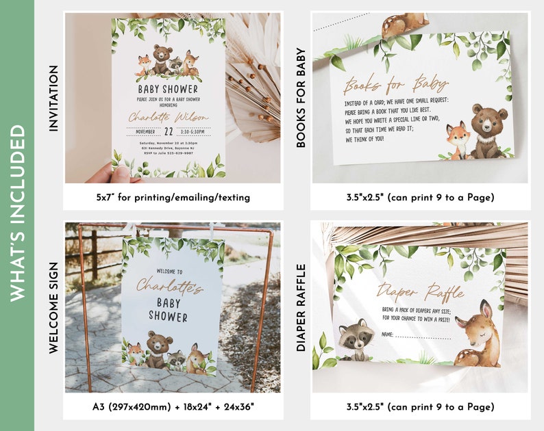 Op de afbeelding: Een set printbare babyborreldecoraties met een bosmotief. De set bevat een uitnodiging, een welkomstbord, een luierspelkaart en een kaart voor boeken voor de baby. De kaarten bevatten schattige bosdieren zoals een vos, een beer, een wasbeer en een hert. De uitnodiging is 12,7x17,8 cm, het welkomstbord is 45,7x61 cm en de luierspel- en boeken-voor-de-baby-kaarten zijn 8,9x6,4 cm.