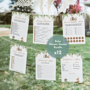 Paquete de juegos de baby shower de Woodland, juego de baby shower de Woodland, nombre del bebé, animales del bosque de género neutro imprimibles, descarga instantánea #BSB1