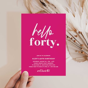 Invito rosa shocking per il 40° compleanno, invito minimalista per il 40° compleanno Hello Forty rosa e bianco, invito per il 40° compleanno da donna, download immediato per il 40° compleanno luminoso
