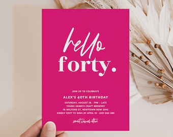 Hot Pink 40th Birthday Invitation, Minimalist Design (Instant Download)
