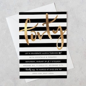 40th Birthday Invitation, 40th Birthday Invitations, Black and Gold 40th Invitations, 40th Invites, 40 and Fabulous