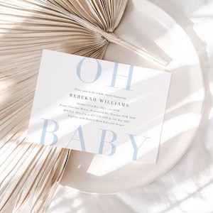 Invitación azul Oh Baby: invitaciones editables para baby shower, diseño minimalista simple para niño, lindas tarjetas para fiesta de revelación de género