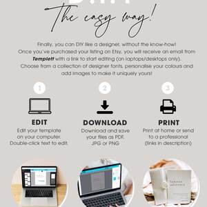 May include: A graphic showing the three steps to create a printable design using Templett. The steps are: Edit, Download, and Print. The image shows a laptop computer screen with a design template, a laptop computer screen with a design template, and a printed invitation card.