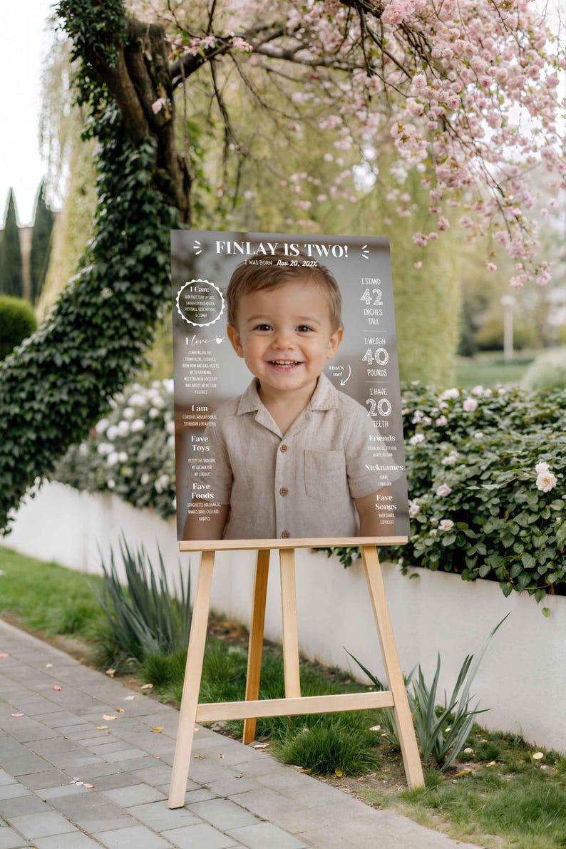 May include: A rectangular birthday milestone sign featuring a photograph of a smiling toddler in a beige button-down shirt. The text reads Finlay Is Two, born Nov 20, 202X, 42 inches tall, 40 pounds, and 20 teeth, alongside sections for I Can, I Love, I Am, Fave Toys, Fave Foods, Friends, Nicknames, and Fave Songs.