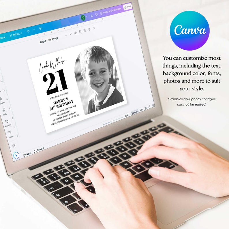 Laptop displaying the Canva editor open with the 21st birthday invitation template, showing editable text areas and layout controls.