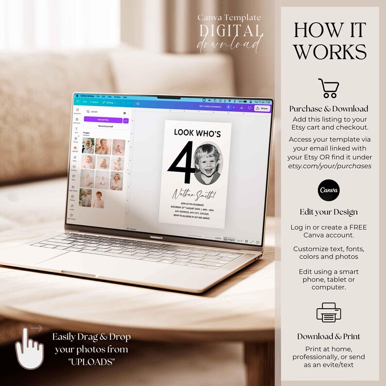 40th Invitation with photo, Look Who's 40, 40th Birthday Canva Template, Male 40th Invite, Digital Download image 4
