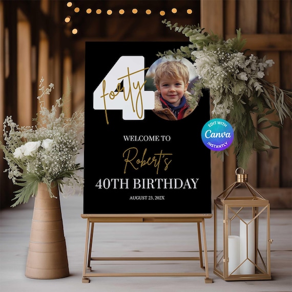40th Birthday Welcome Sign for Men, 40th Birthday Sign, Photo Welcome Board, Canva Digital Download, Photo Welcome Sign