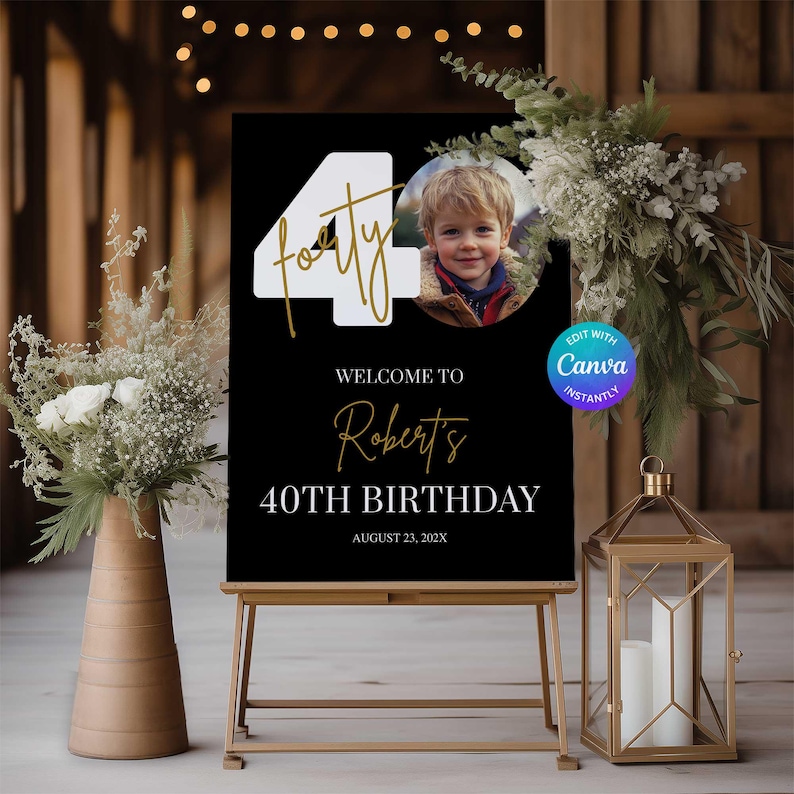 Välkomstskylt för 40-årsdag för män, skylt för 40-årsdag, välkomsttavla med foto, digital nedladdning av Canva, välkomstskylt med foto bild 1