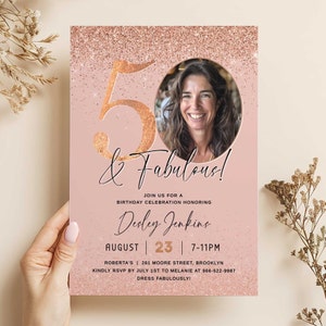 50th Birthday Invitation Printable Rose Gold Fifty and Fabulous Dinner Party Invite for Ladies Editable Digital Download