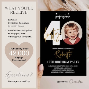 Invitation 40e anniversaire homme, 40e invitation avec photo, modèle d'invitation 40e anniversaire en or noir, invitation de fête d'anniversaire modifiable pour lui image 3