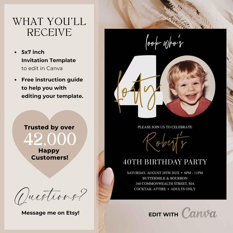 Invitation 40e anniversaire homme, 40e invitation avec photo, modèle d'invitation 40e anniversaire en or noir, invitation de fête d'anniversaire modifiable pour lui image 3