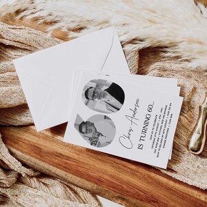 May include: A black and white photo invitation for a 60th birthday party. The invitation features two photos of the birthday person, Chris Anderson, and the text "Chris Anderson is turning 60..." The invitation includes details about the party, including the date, time, location, RSVP information, and a note that dinner is provided.