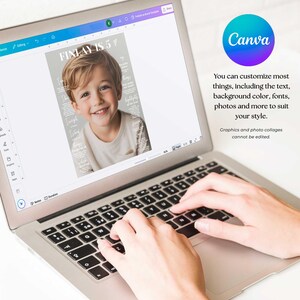 K&ouml;nnte beinhalten: Ein Laptop-Bildschirm zeigt ein Magazin-Cover mit dem Text "FINLAY IS 5" und einem Kinderfoto. Das Canva-Logo und Text zur Anpassung sind ebenfalls zu sehen. H&auml;nde tippen auf der Tastatur des Laptops.