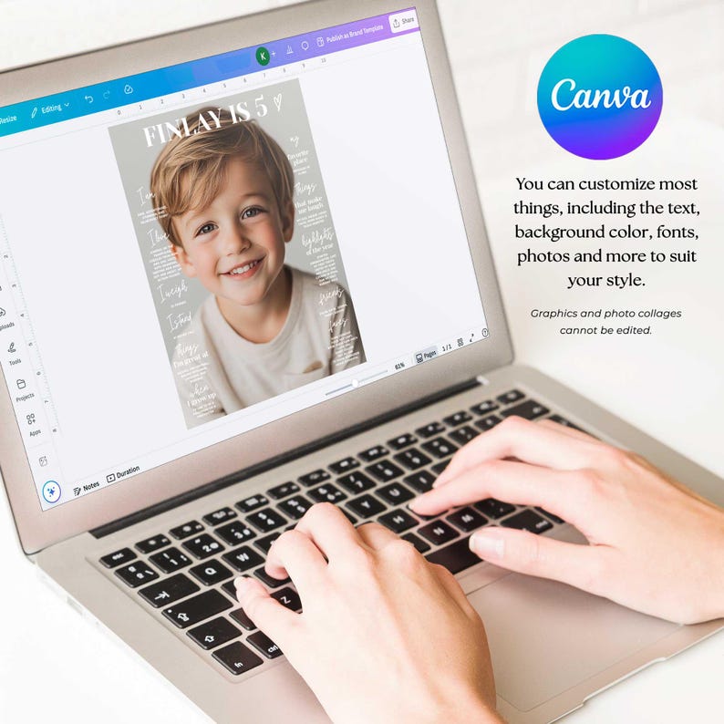 K&ouml;nnte beinhalten: Ein Laptop-Bildschirm zeigt ein Magazin-Cover mit dem Text "FINLAY IS 5" und einem Kinderfoto. Das Canva-Logo und Text zur Anpassung sind ebenfalls zu sehen. H&auml;nde tippen auf der Tastatur des Laptops.