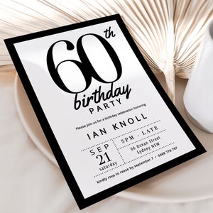 Simple 60th Invitation Black and White, Classic 60th Invite, 60th Birthday Invitation, Editable Template, 60th Men Women, Templett