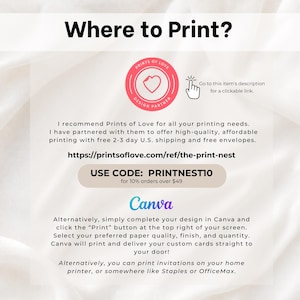 May include: An informational graphic titled Where to Print? featuring a Prints of Love logo, a hand icon, and text detailing printing options. It includes the URL https://printsoflove.com/ref/the-print-nest, the discount code PRINTNEST10, and a Canva logo.