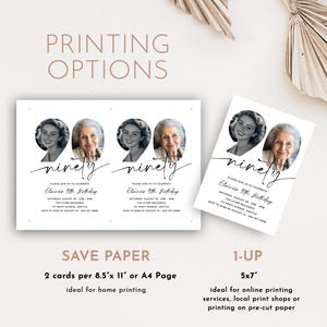 May include: Two 5x7 inch printable invitation cards with a white background and black text. The text says "ninety" and "Please join us to celebrate Elaine's 90th birthday". The cards feature a photo of a woman in the number 90.