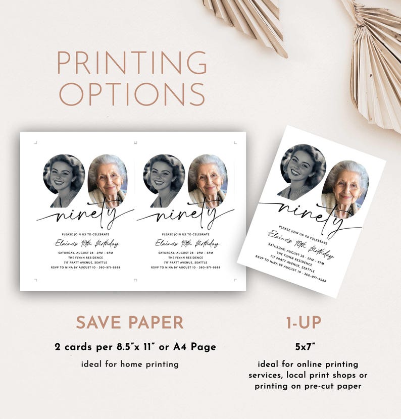 May include: Two 5x7 inch printable invitation cards with a white background and black text. The text says "ninety" and "Please join us to celebrate Elaine's 90th birthday". The cards feature a photo of a woman in the number 90.