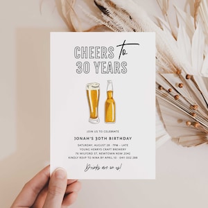 30th Beer Invitation Instant Download, Cheers to 30 Years Invitation, Minimal Beer 30th Invitation Editable Template, Male 30th Invitations