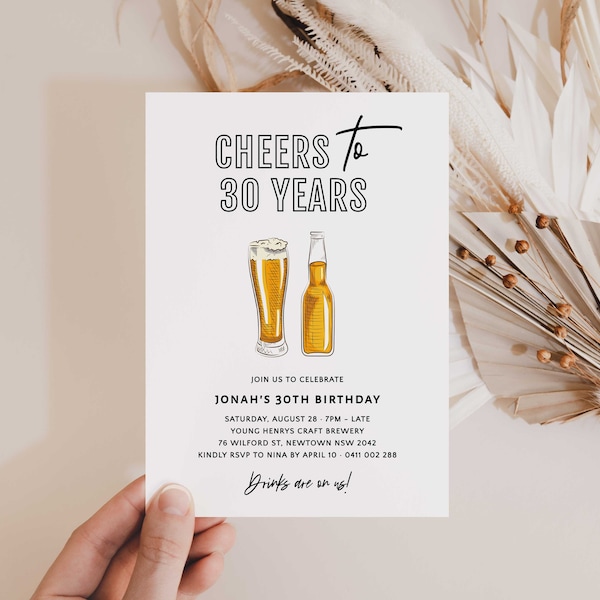 30th Beer Invitation Instant Download, Cheers to 30 Years Invitation, Minimal Beer 30th Invitation Editable Template, Male 30th Invitations